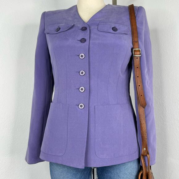 Vintage 90s 100% Silk Jacket Purple Button Front Size 6 Petite - Picture 2 of 9